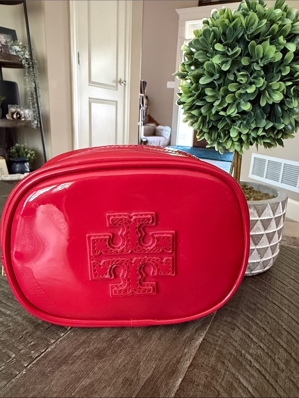 Tory Burch Glossy Red Patent Logo Cosmetic Pouch